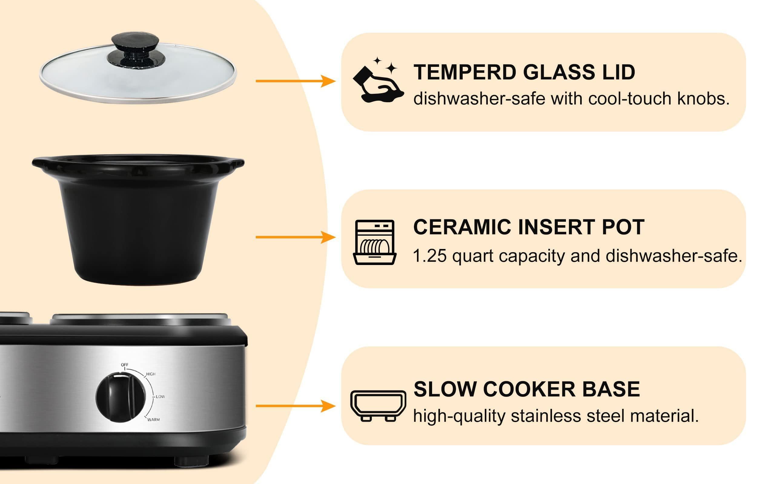 X WINDAZE dual slow cooker, buffet servers and warmers with 2 x 1.25qt, tempered glass lids and lid rests, 3 adjustable temp, stainless