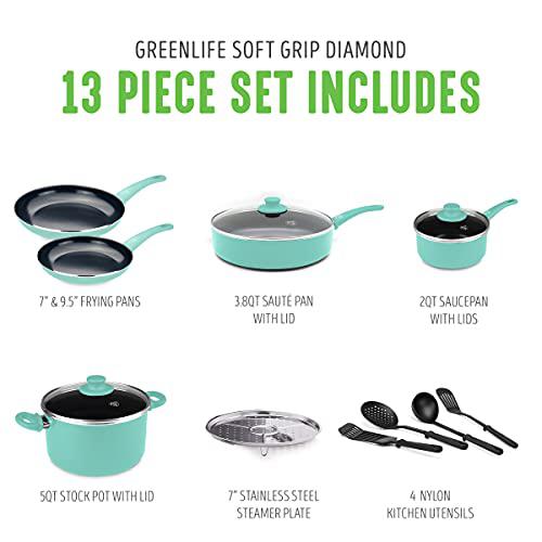 greenlife soft grip diamond healthy ceramic nonstick 13 piece cookware pots and pans set, pfas-free, dishwasher safe, turquoi