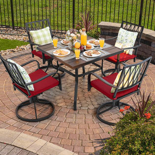 Nuu Garden 5-Piece Outdoor Dining Set, Iron Dining Table and 4 Cushioned Swivel Chairs, Black with Gold Speckles and Red