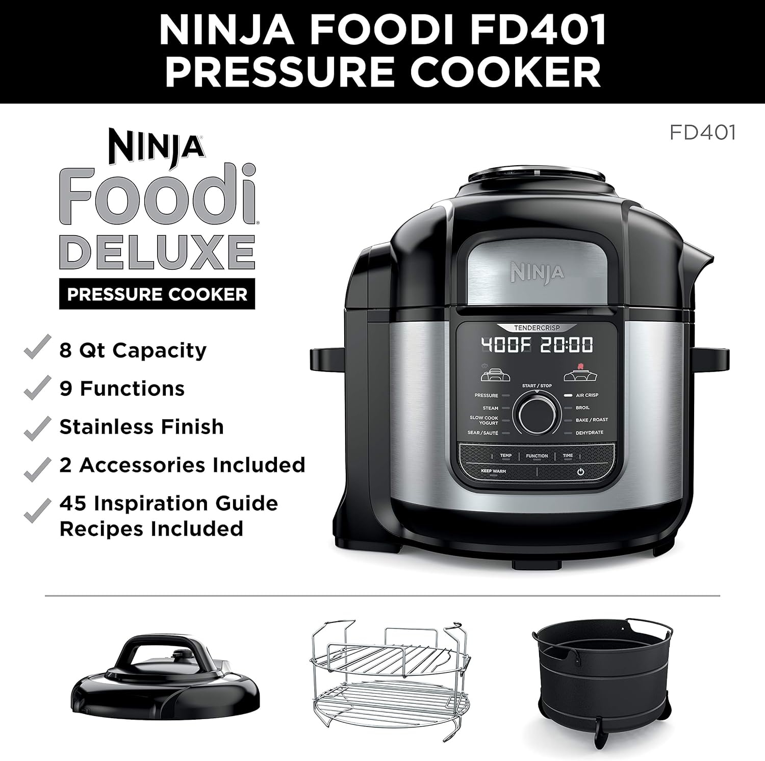 SharkNinja Ninja FD401 Deluxe Pressure Cooker, 8-Quart, Stainless Steel