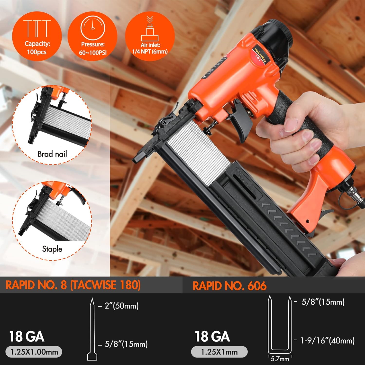 Valuemax 18 Gauge Pneumatic Brad Nailer, 2-in-1 Nail Gun Staple Gun with 1-5/8 inch Staples, 2-5/8 inch Brad Nails, Carrying Case and Sa