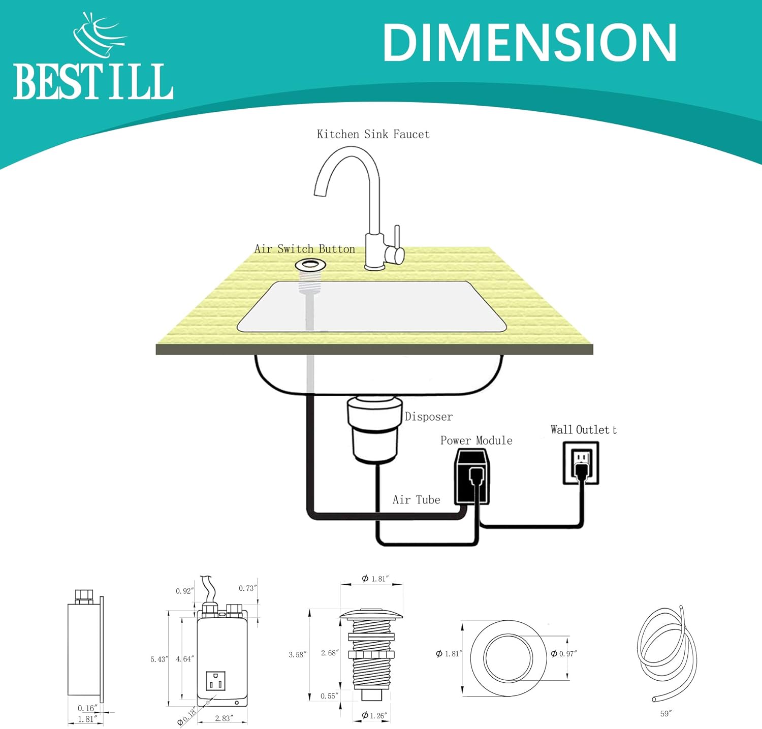 BeStill Sink Top Garbage Disposal Air Switch Kit, Matte Black (Long Push Button with Brass Cover)