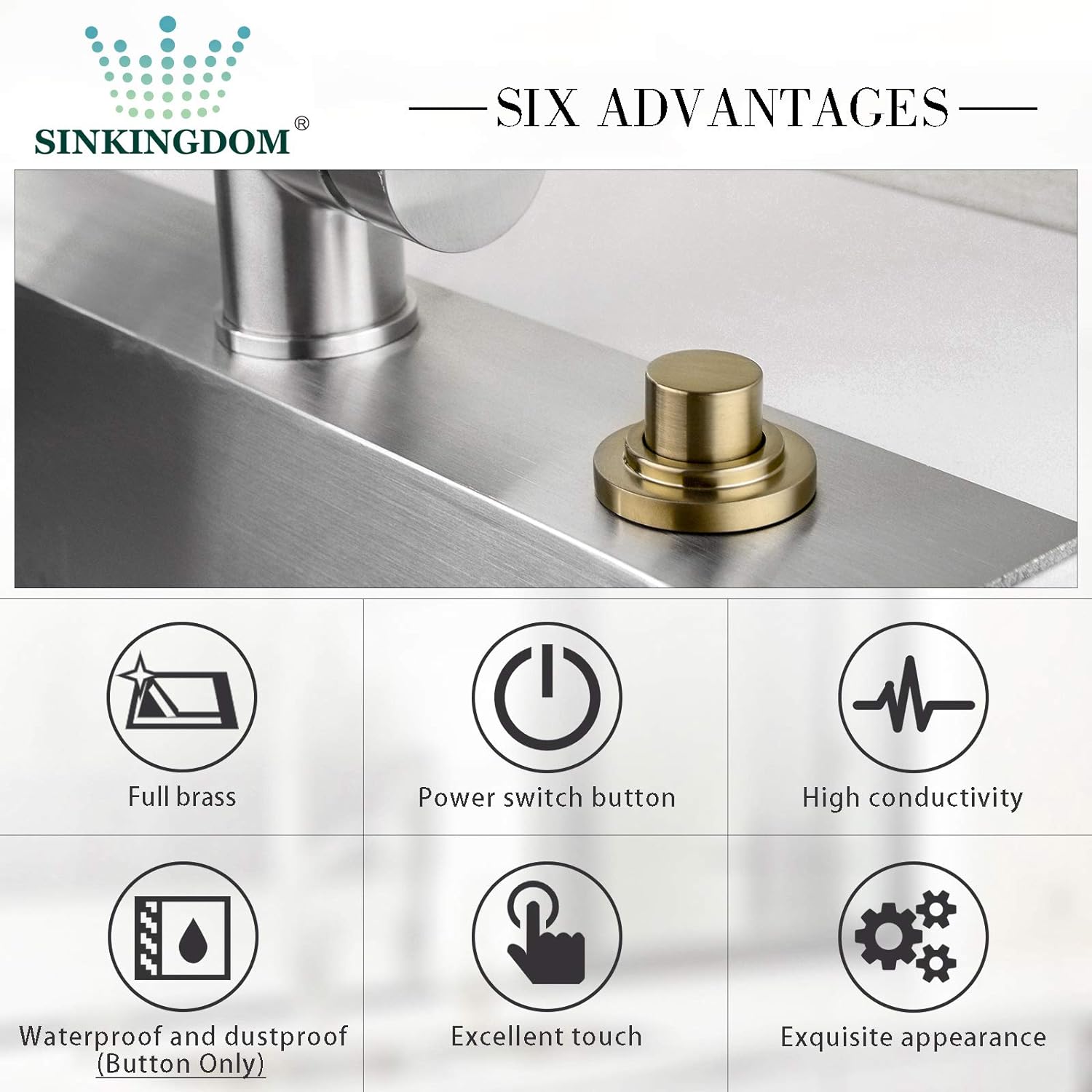 SINKINGDOM SinkTop Air Switch Kit with Champagne Bronze Long Button (Full Brass) for Garbage Disposal, Single Outlet