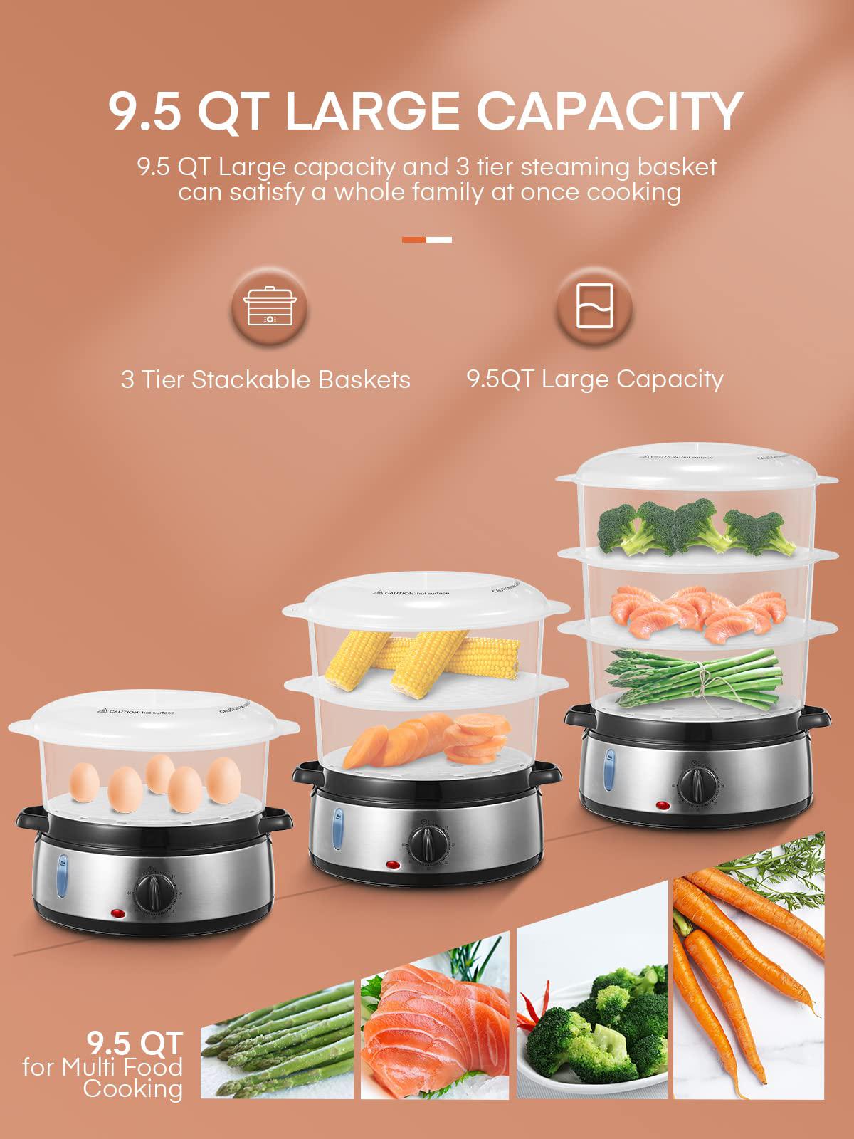 fohere electric food steamer for cooking, vegetable steamer 800w fast heating with 3 tiers bpa-free nested basket trays and a