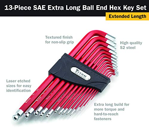 Titan Tools Titan 12713 Extra-Long Arm Ball Tip SAE Hex Key Set, 13 Piece , Red