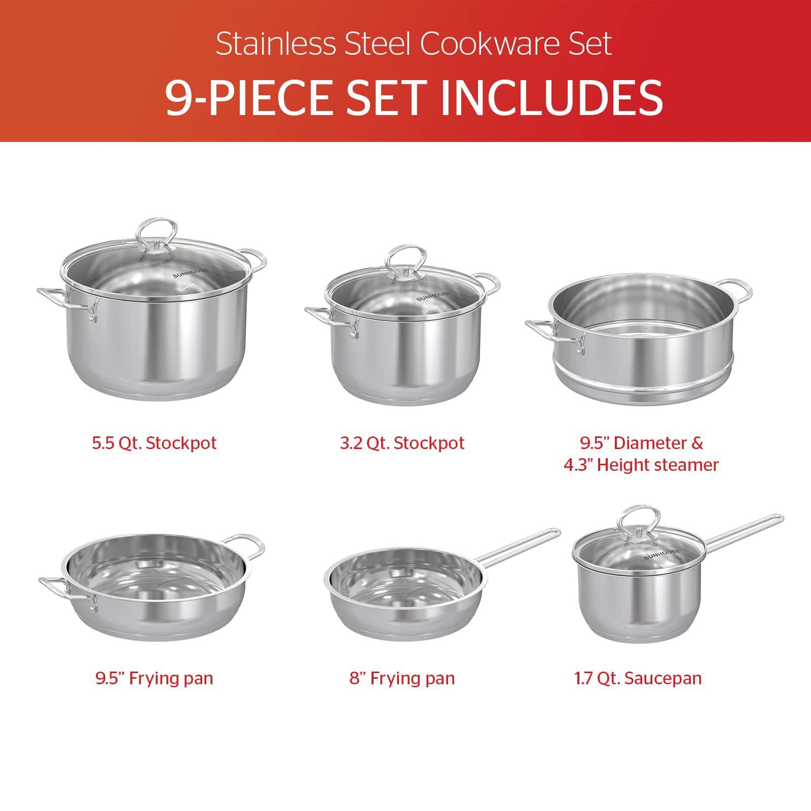sunhouse - stainless steel cookware set with pfoa-free, 18/10 stainless steel pots and pans set - tasty cookware set includin
