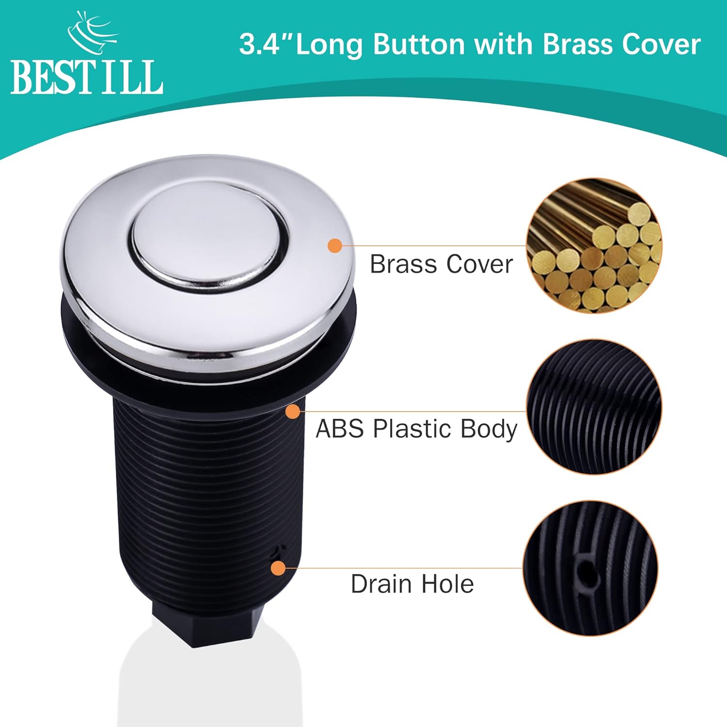 BeStill Sink Top Garbage Disposal Air Switch Kit with Single Outlet, Long Chrome Push Button