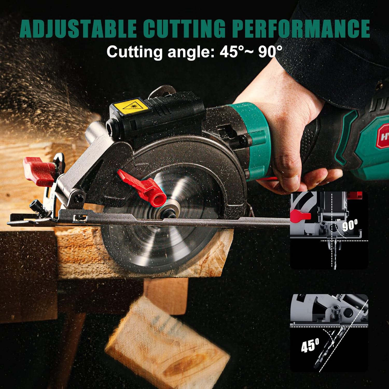 HYCHIKA Circular Saw, HYCHIKA 6.2A Electric Mini Circular Saw, Laser Guide, 6 Blades (4-1/2”), Max Cutting Depth 1-11/16&s;&s; (90°)