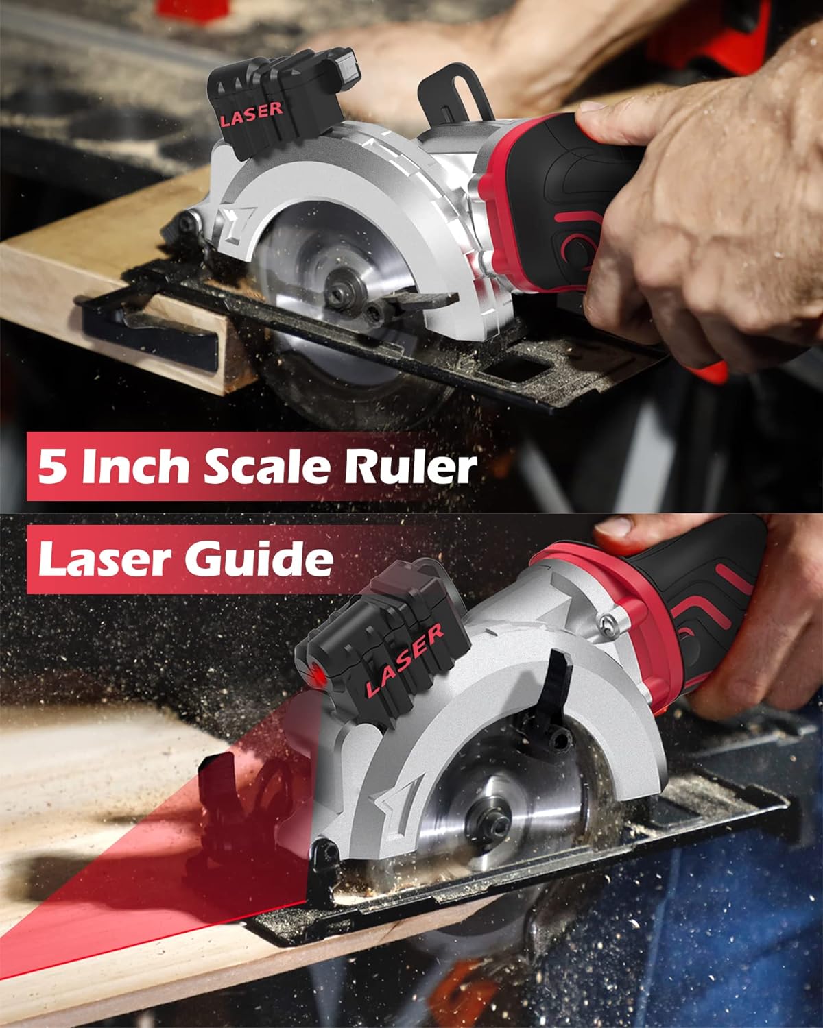 PowerSmart Mini Circular Saw, 5.8 Amp 4-1/2 Inch Compact Circular Saw with Laser Guide, 6 Blades, 3500 RPM, Max Cutting Depth 1-11/16