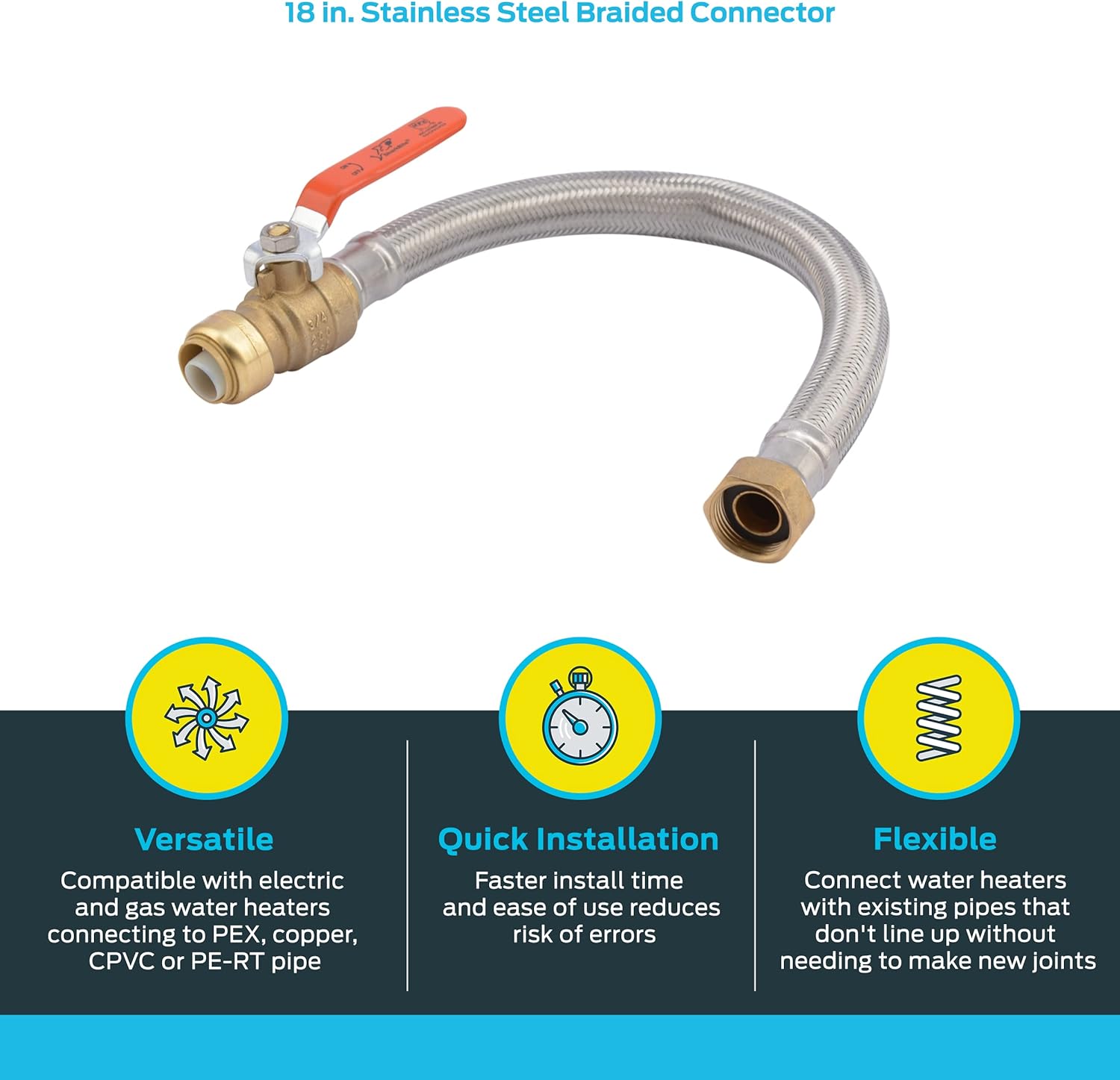 SHARKBITE 3/4 Inch Ball Valve x 3/4 Inch FIP x 18 Inch Stainless Steel Braided Flexible Water Heater Connector, Push To Connect Brass Plu