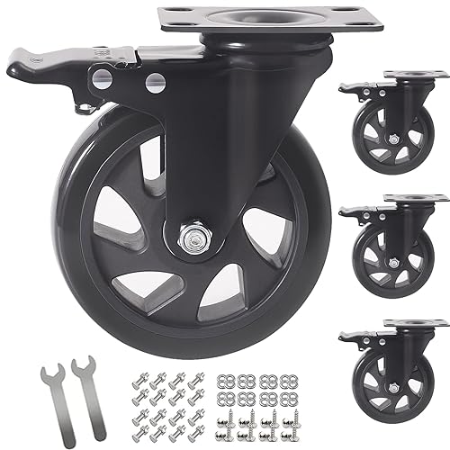 Wieyunn 5 Inch Swivel Caster Wheels Set of 4, Heavy Duty Casters with Brake, Polyurethane Locking Casters for Cart, Workbench and Trolle