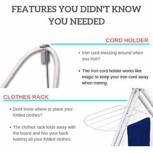 Xabitat Deluxe Ironing Board with Wall Mount Storage, Storage Tray for Finished Clothes, Wire Rack for Hanging - Grey / Blue