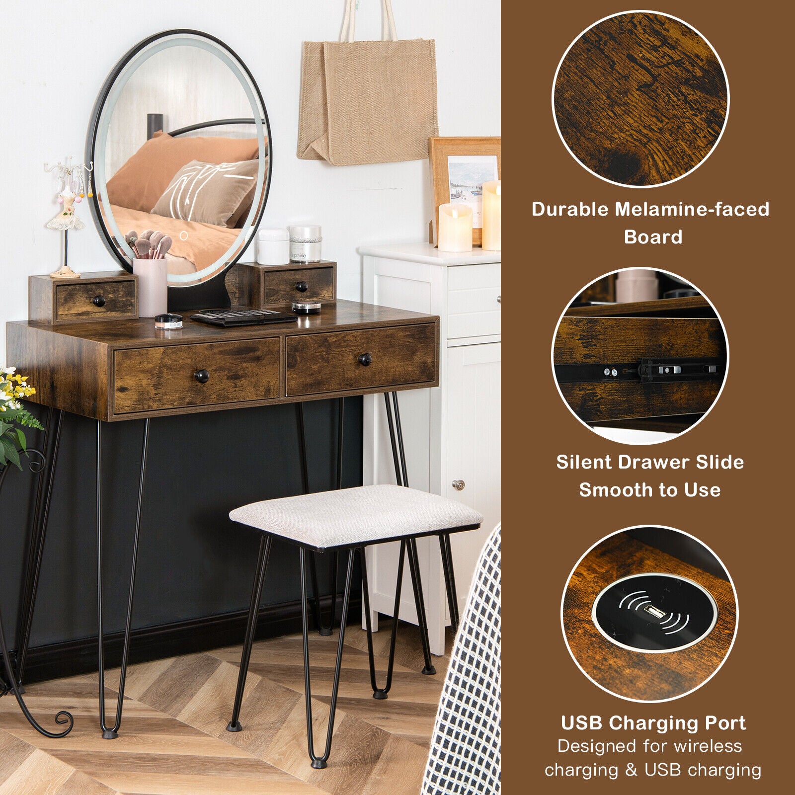 Great Choice Products Vanity Makeup Dressing Table Padded Stool Set W/ 3-Color Lighted Dimmable Mirror