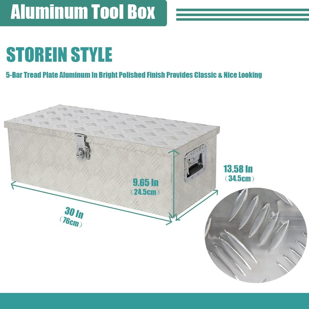 MOOSUN 30 Inch Heavy Duty Aluminum Diamond Plate Tool Box Chest Box Pick Up Truck Bed RV Trailer Toolbox Storage Lockable Organizer wi