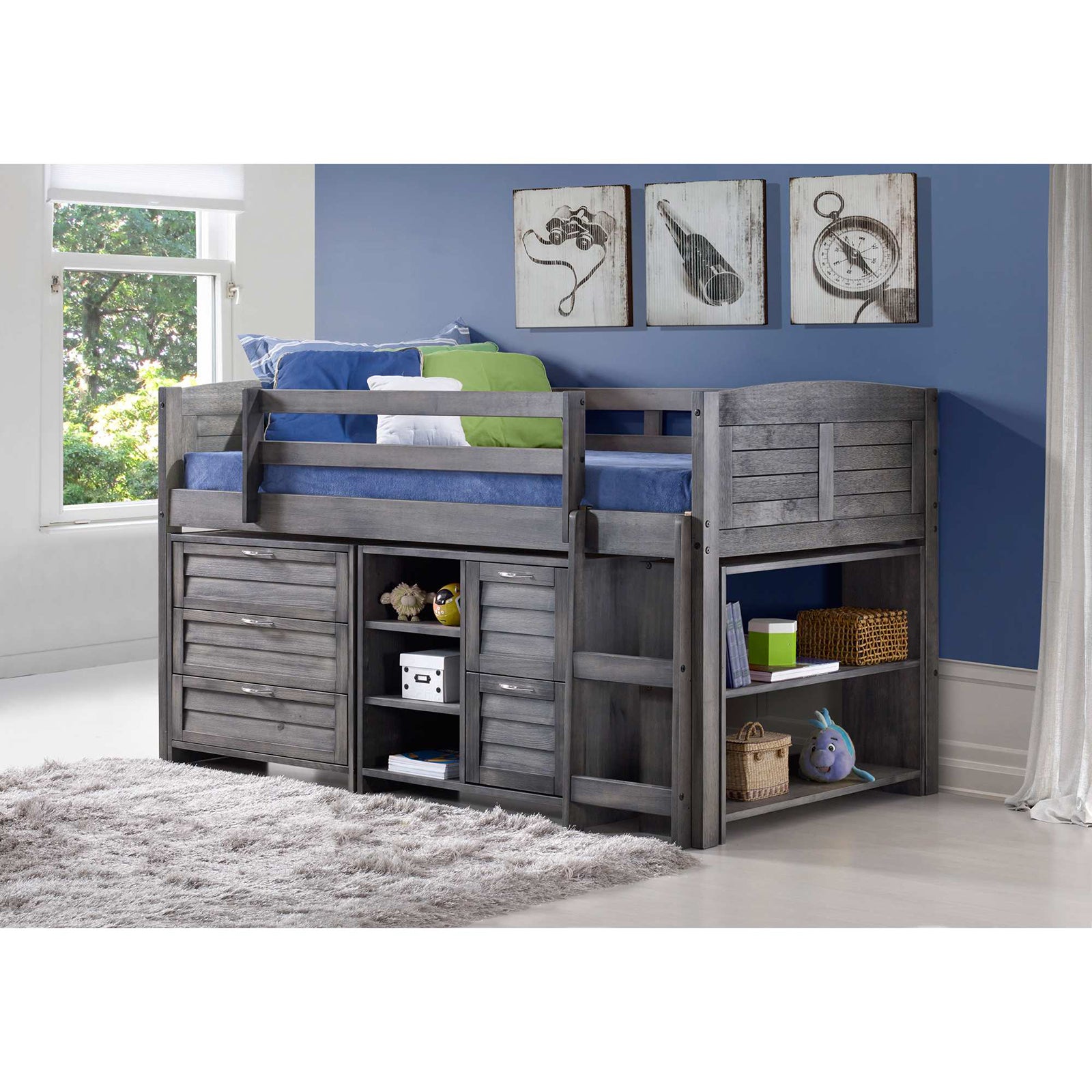 DONCO kids Twin Louver Low Loft Bed with Chests, Shelves and Bookcase - Gray
