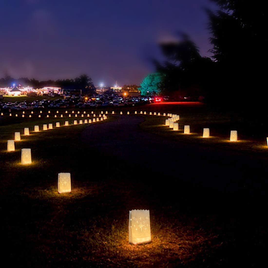 Homemory 50 PCS White Luminary Bags, Flame Resistant Candle Bags, Stars Design Luminaries for Wedding, Party, Halloween, Thanksgiving, C