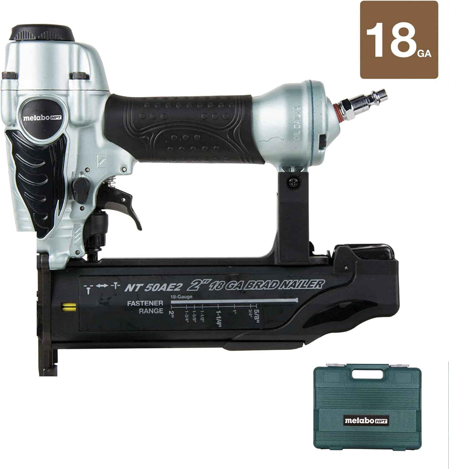 Koki Holdings America, Ltd Metabo HPT Brad Nailer Kit | Pneumatic | 18 Gauge | Accepts 5/8 to 2-Inch Brad Nails | 5-Year Warranty | NT50AE2
