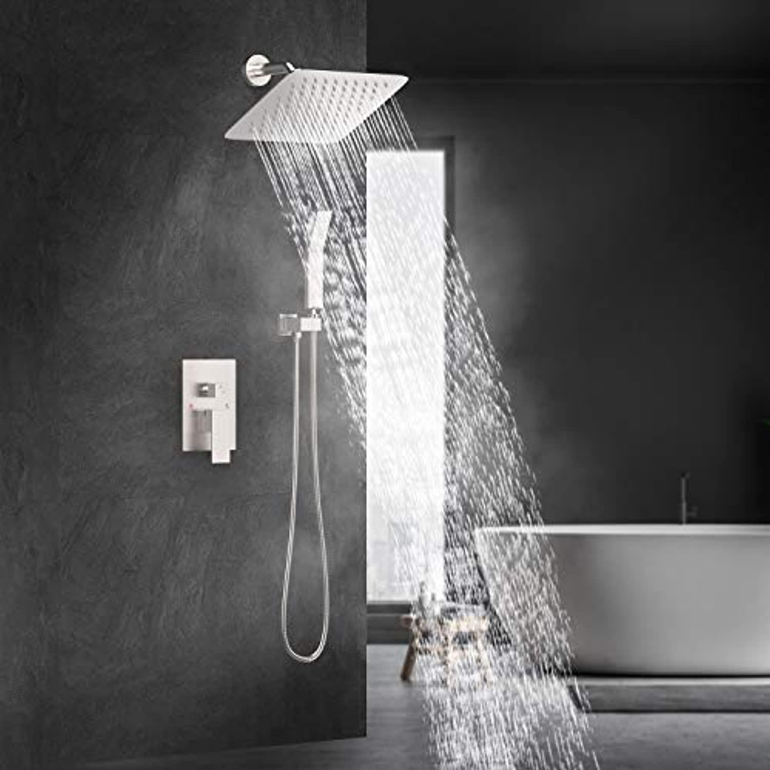 SunCleanse shower system wall mounted shower faucet set, brushed nickel shower mixer combo with 8 inches high pressure rainfall shower h