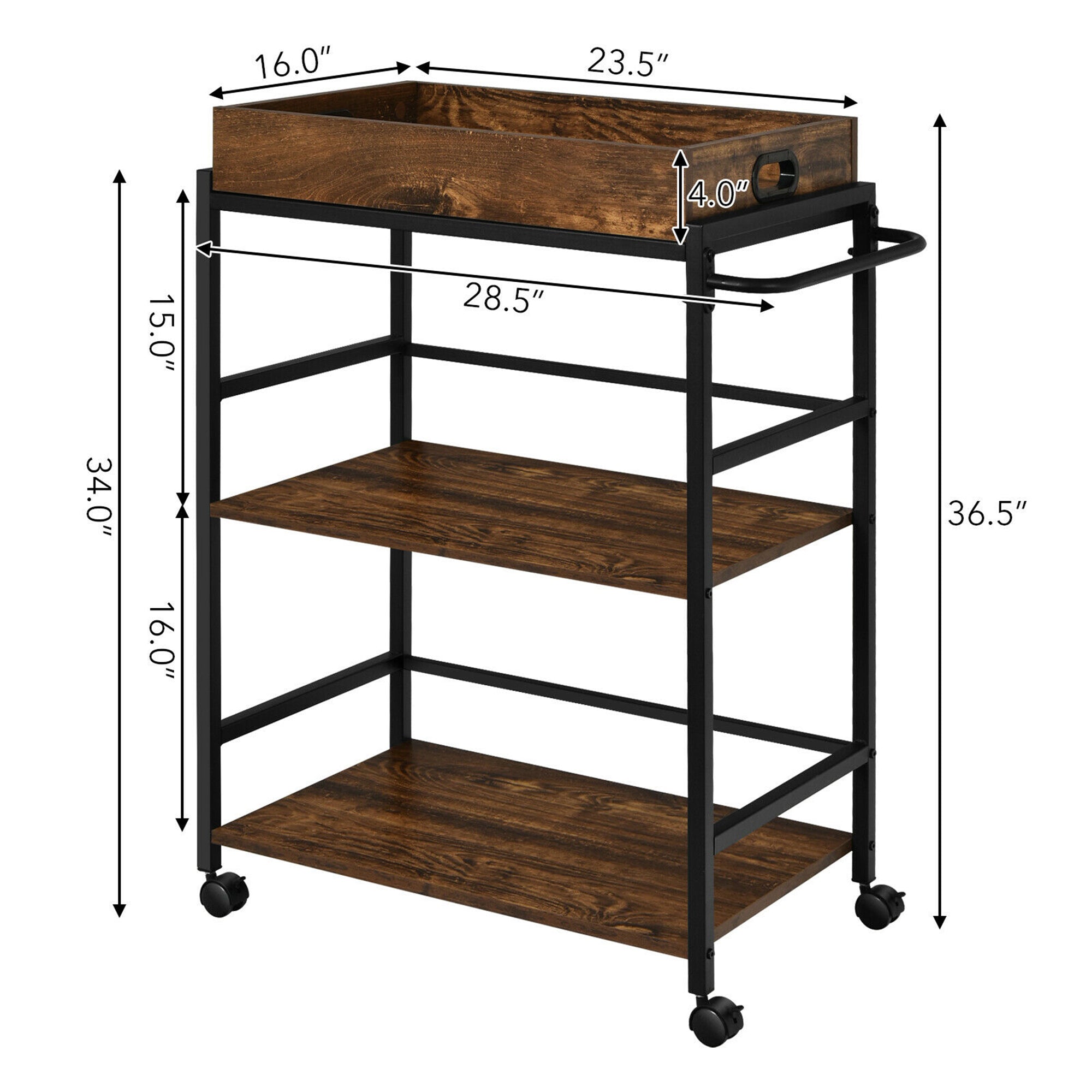 Costway 3-Tier Rolling Bar Cart Kitchen Serving Cart w/ Removable Tray &a; Handle