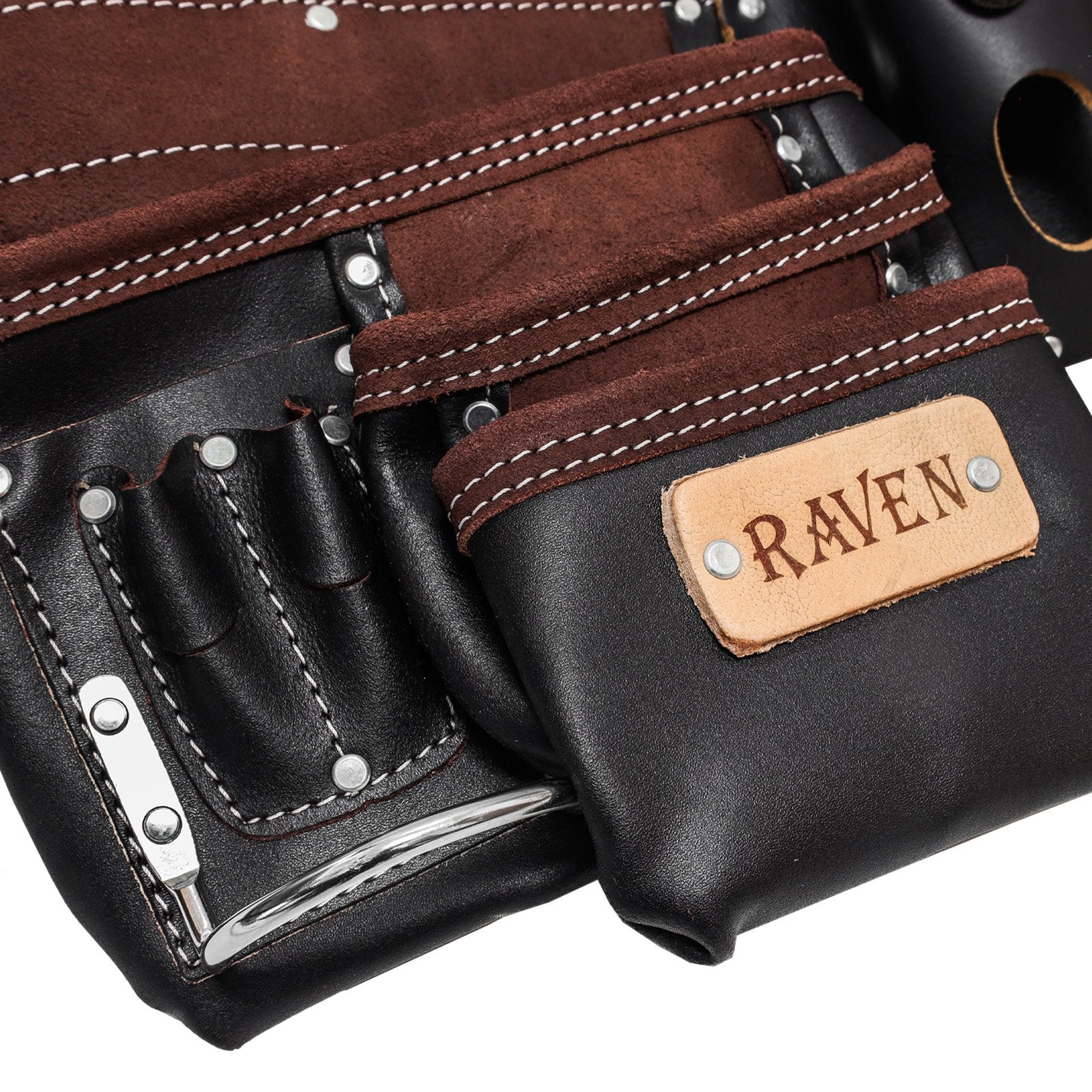 ToolTreaux Heavy Duty 13 Pocket Leather Tool Belt with 2 Steel Hammer Loops, Black Brown