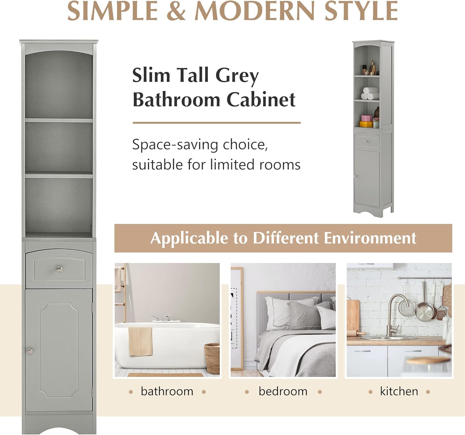 P PURLOVE Bathroom Storage Cabinet, Narrow Tall Slim Floor Cabinet with Drawers and 3 Tier Open Shelves, Tall Storage Cabinet with Door a