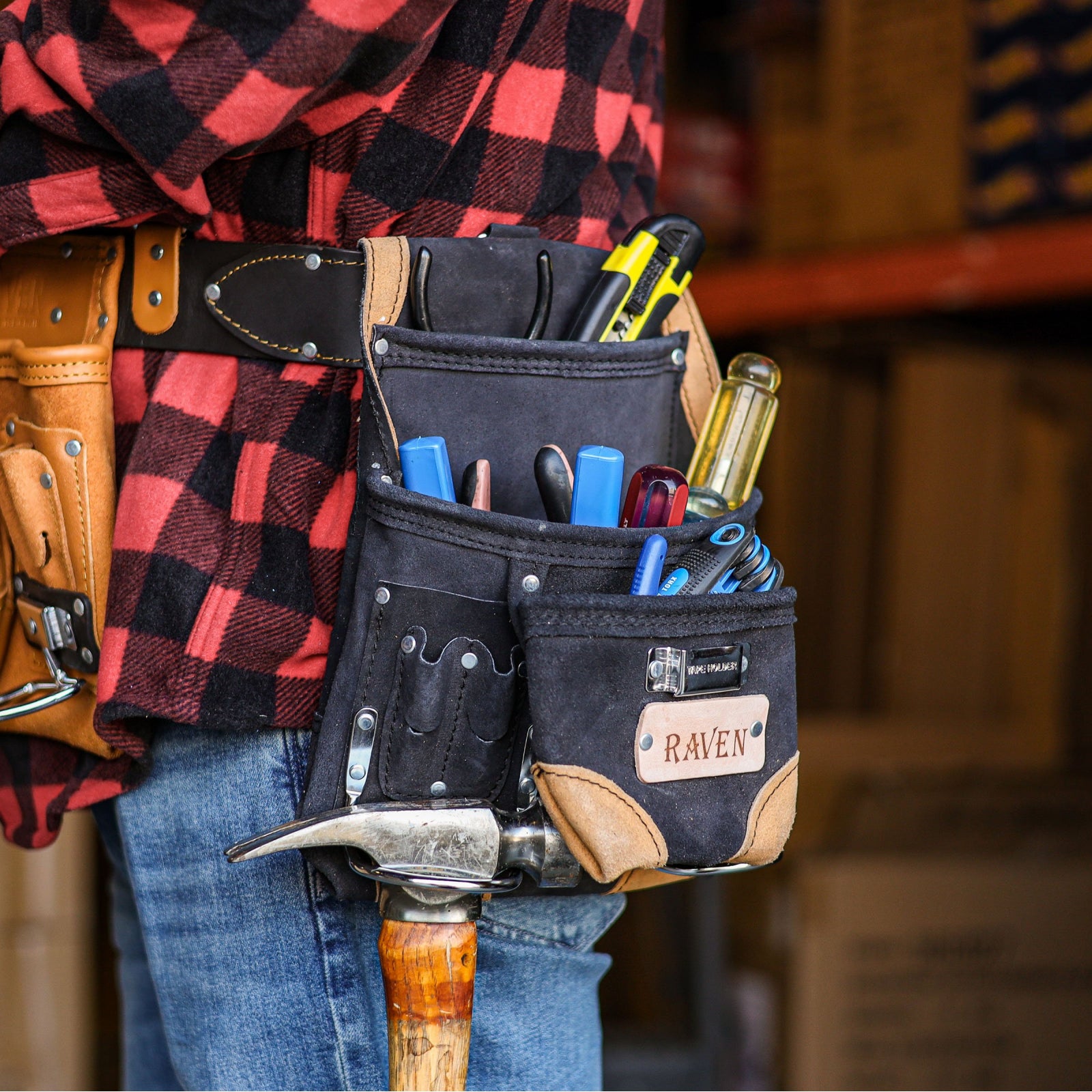 ToolTreaux 10 Pocket Suede Leather Tool Pouch Hammer Drill Tool Bag - Black