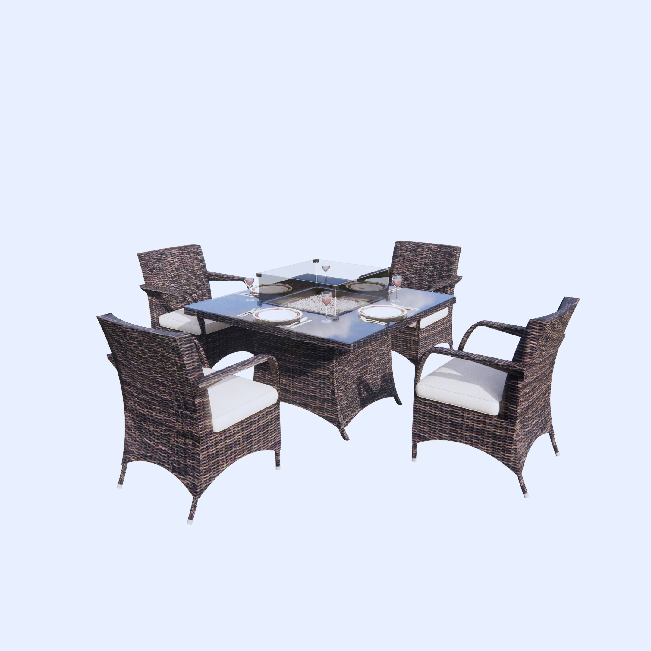 Moda Furnishings 5 Pieces Outdoor Wicker  Fire Pit Square Table Dining Set with 4 Chairs