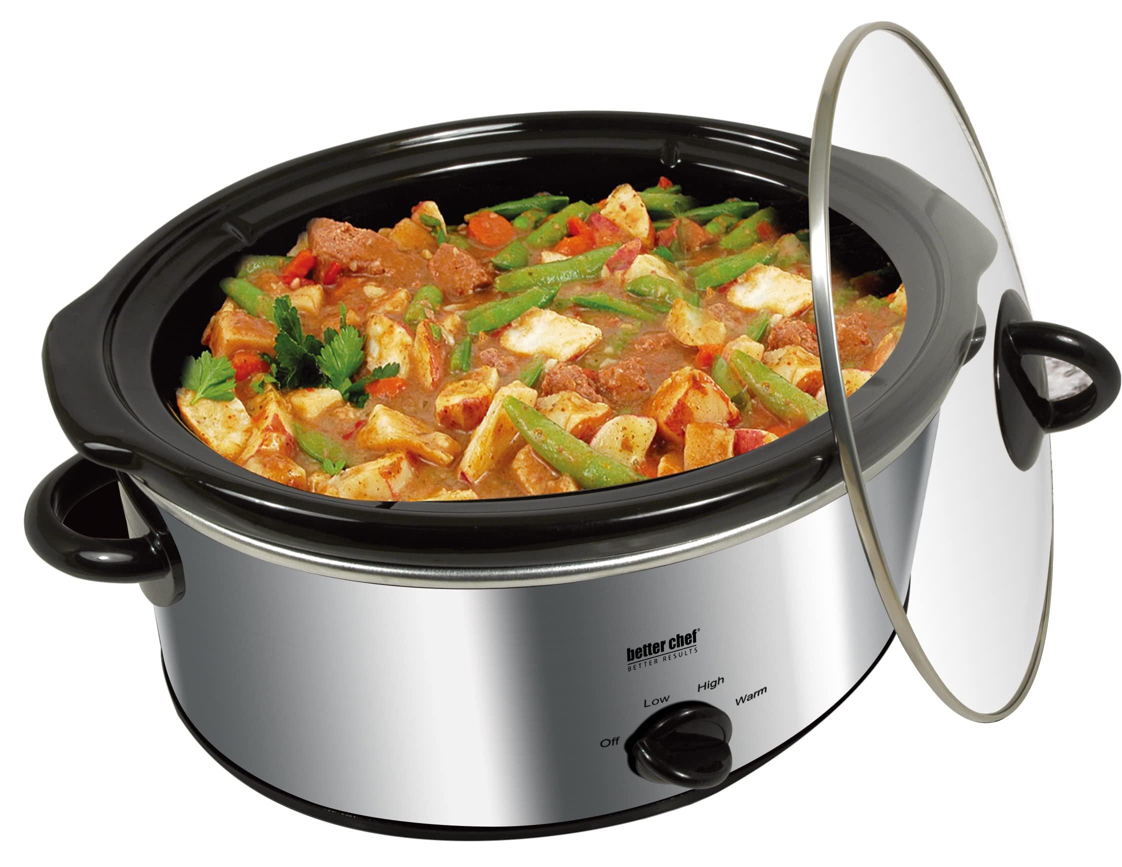 better chef oval slow cooker | 3-quart | 3-tempature settings | side handles | glass lid | enamel stoneware insert (stainless