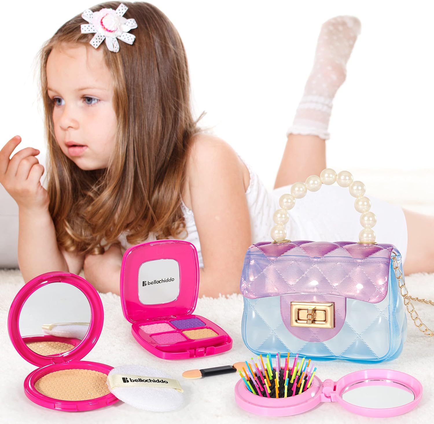 3 years and up BELLOCHIDDO Purse for Little Girls- Kids Makeup Kit for Girls,Princess Play Purse Toy with Cosmetics Accessories ,Pretend Play