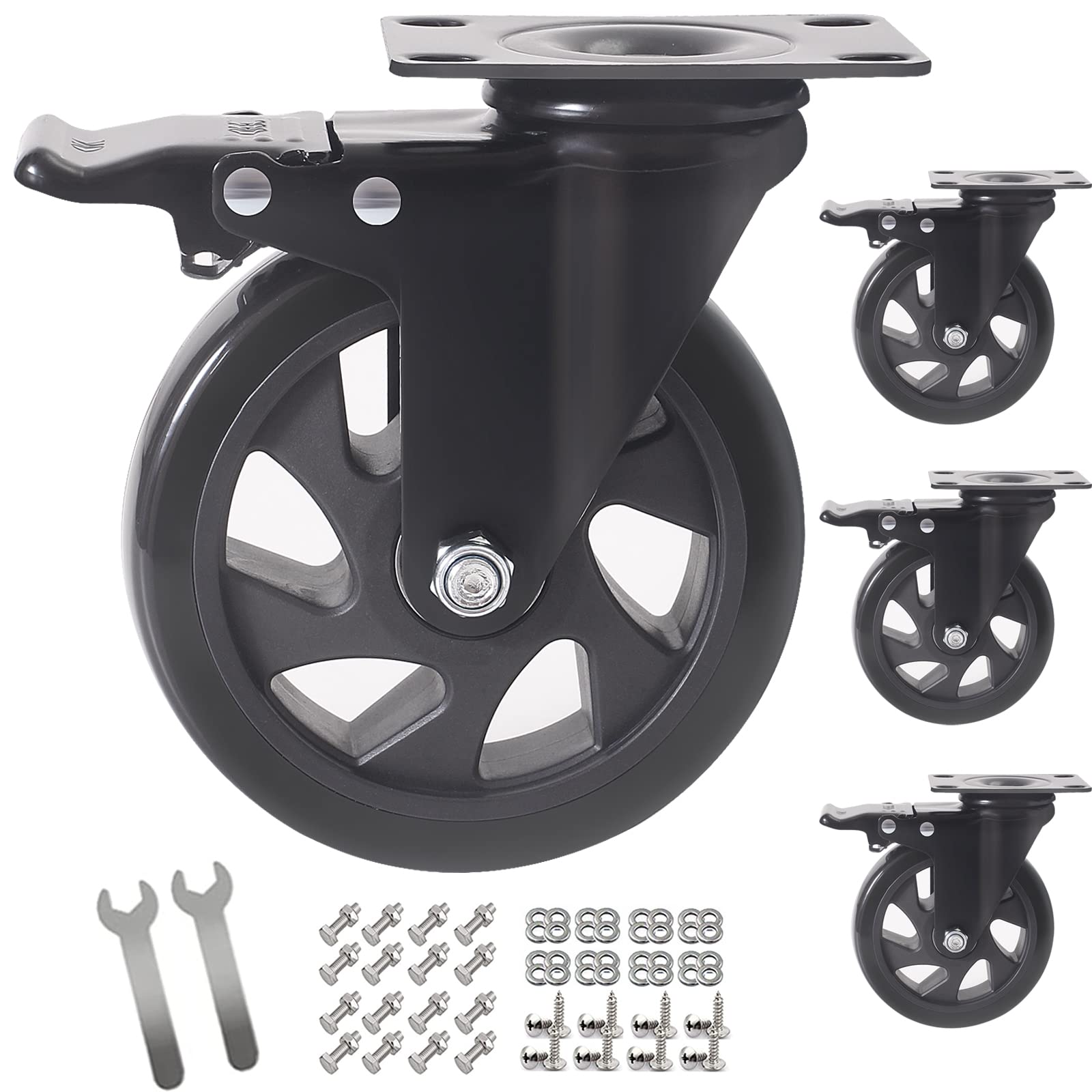 Wieyunn 5 Inch Swivel Caster Wheels Set of 4, Heavy Duty Casters with Brake, Polyurethane Locking Casters for Cart, Workbench and Trolle