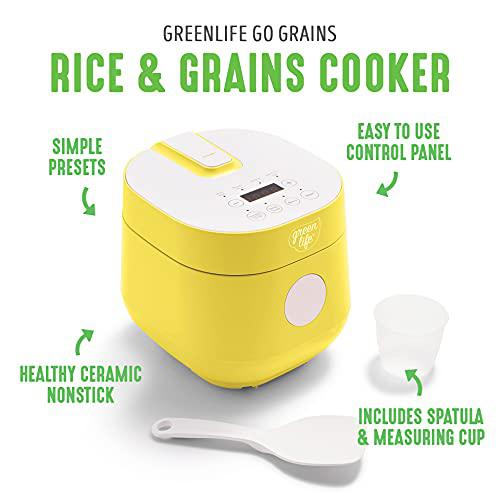 greenlife healthy ceramic nonstick 4-cup rice oats and grains cooker, pfas-free, dishwasher safe parts, yellow