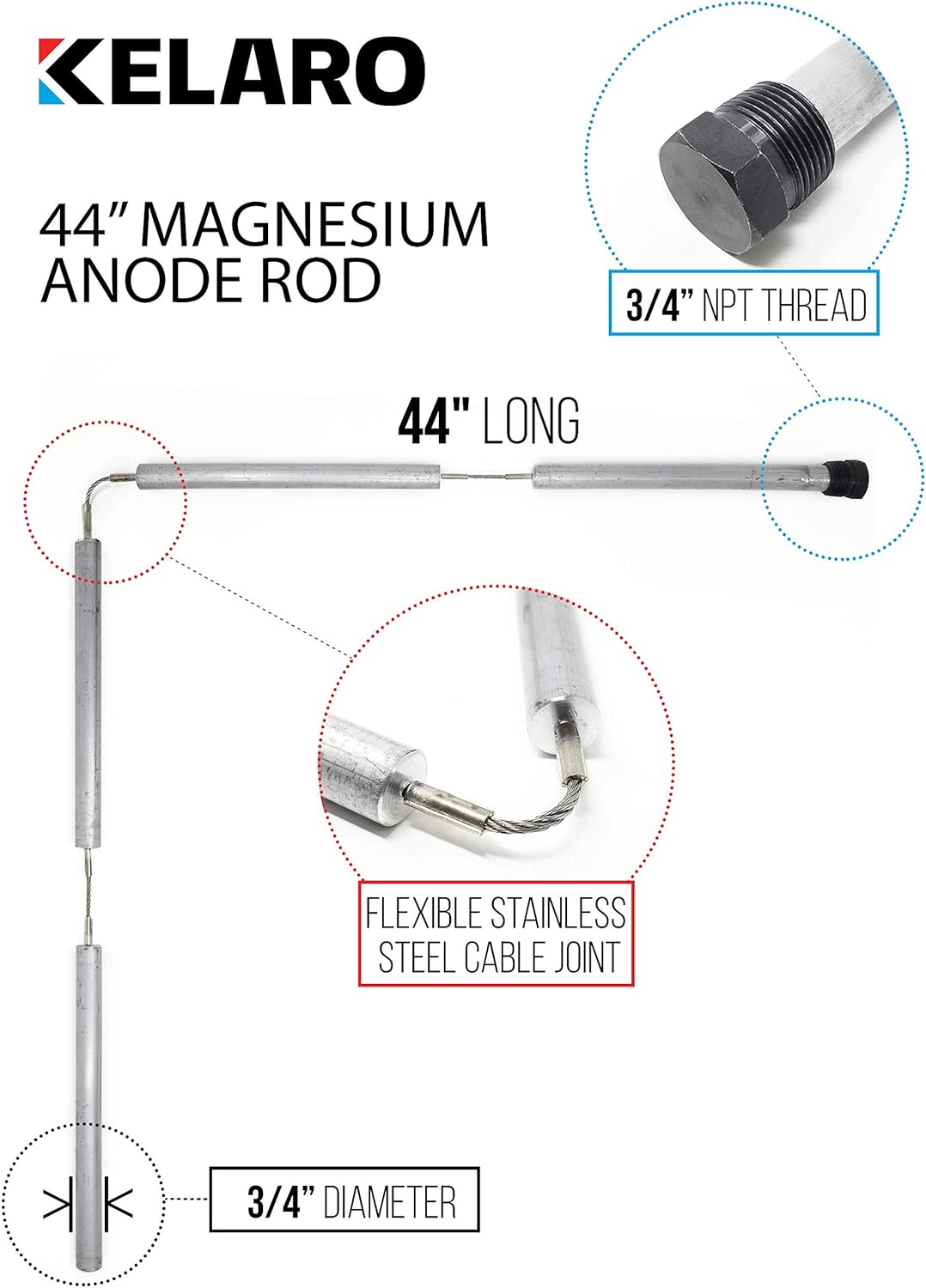 Kelaro Magnesium Water Heater Anode Rod (44 inch Flexible) 3/4