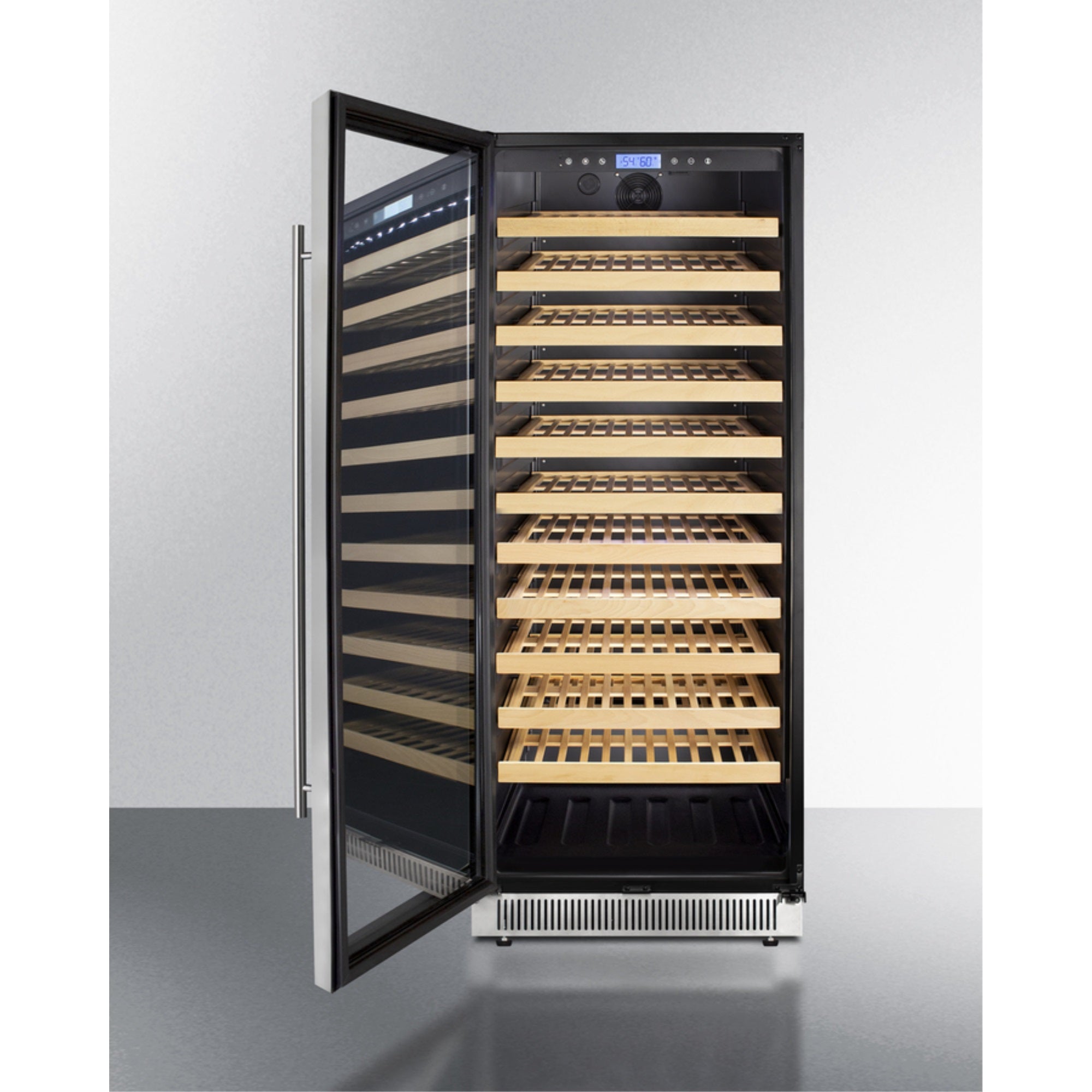 Summit Upright single-zone wine cellar with glass door, digital thermostat, and black cabinet