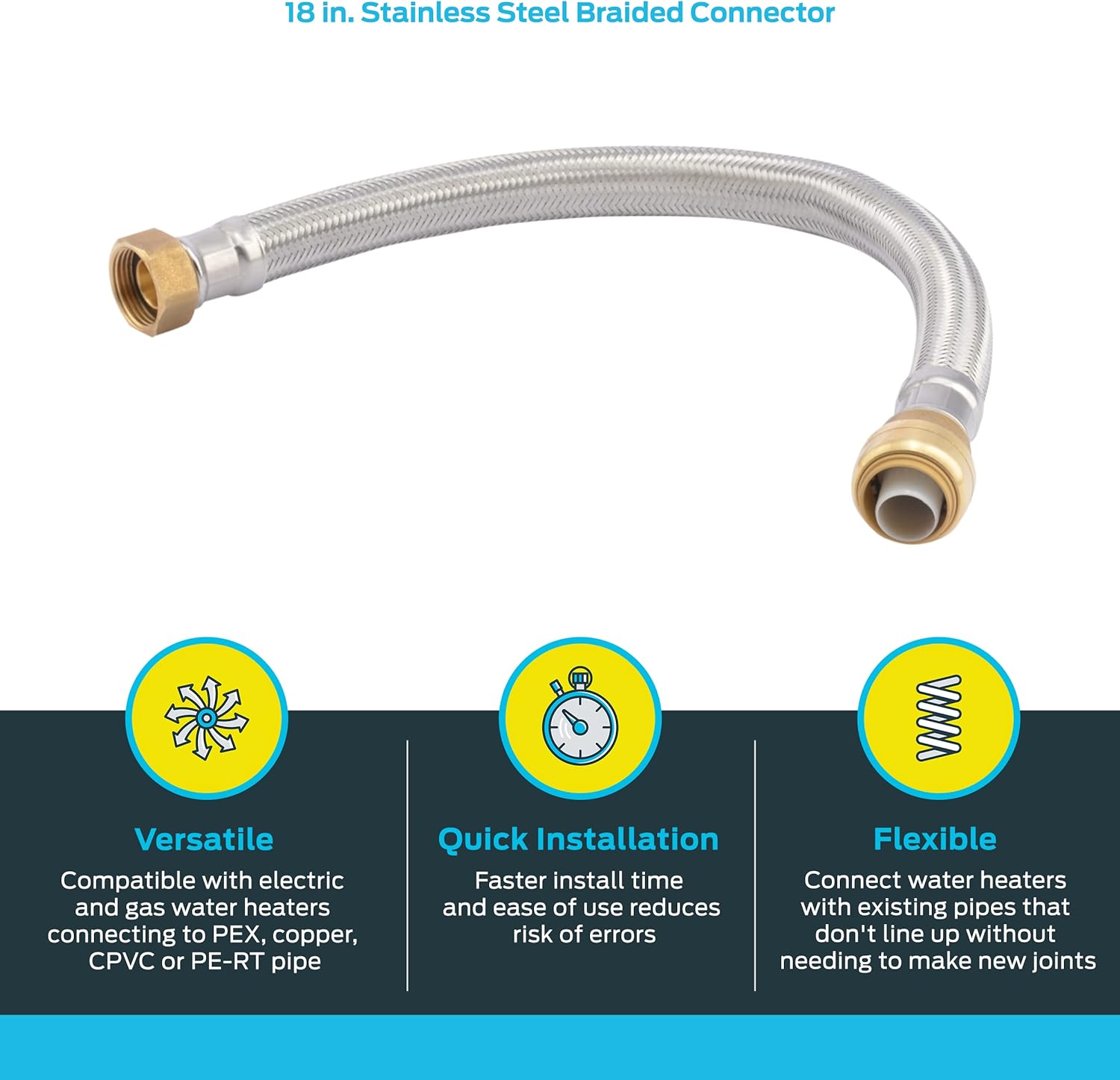 Cash Acme SharkBite 3/4 Inch x 3/4 Inch FIP x 18 Inch Stainless Steel Braided Flexible Water Heater Connector, Push To Connect Brass Plum