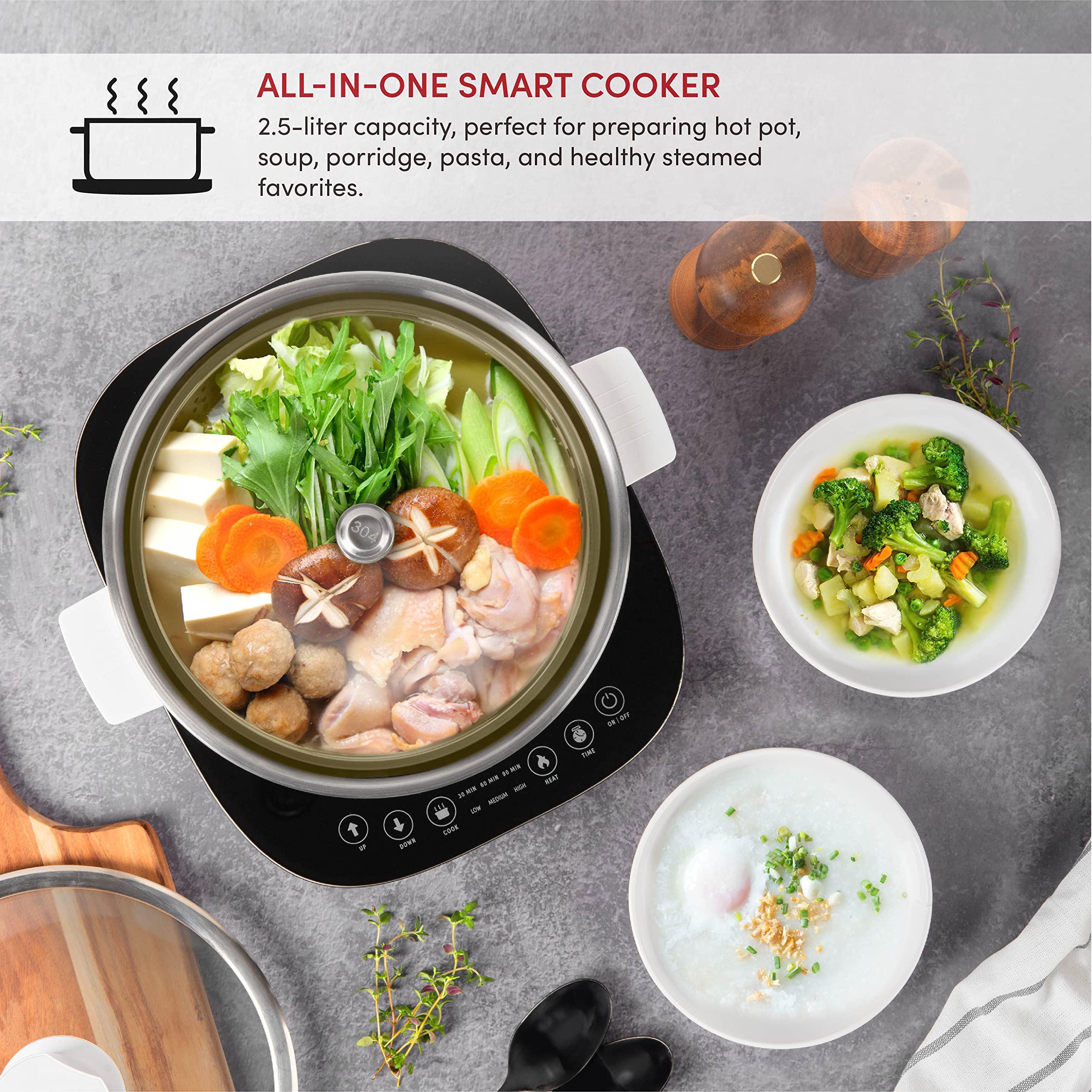 aroma housewares 2.5-liter smart electric hot pot &a; rapid boil steamer with automatic stainless steel steamer basket lift, wh