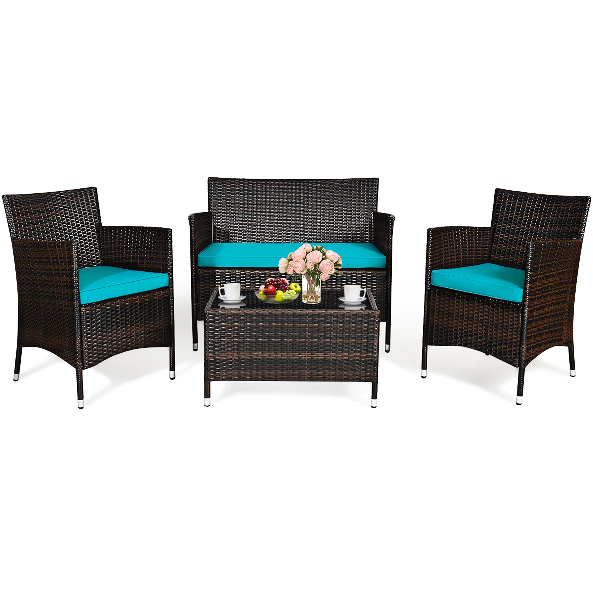 Costway 4PCS Outdoor Patio PE Rattan Wicker Table Shelf Sofa Furniture Set With Cushion