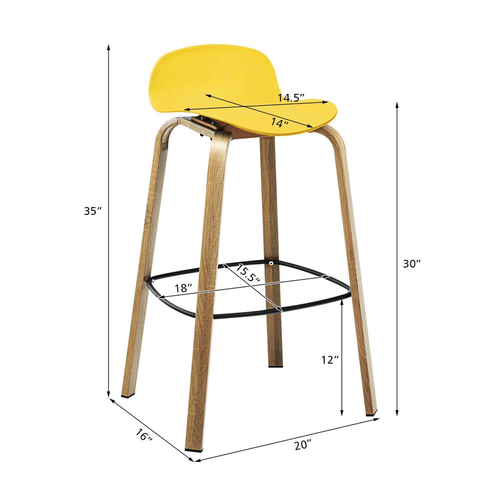 Costway Modern Set of 4 Barstools 30inch Pub Chairs w/Low Back &a; Metal Legs Yellow