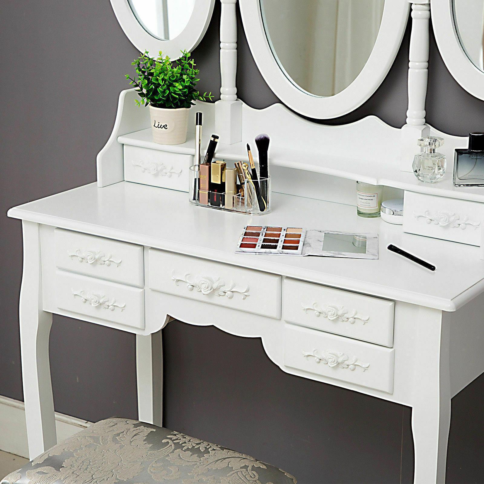 Great Choice Products Makeup Vanity Desk Stool Set With Floding Mirror Dressing Table 7 Drawers