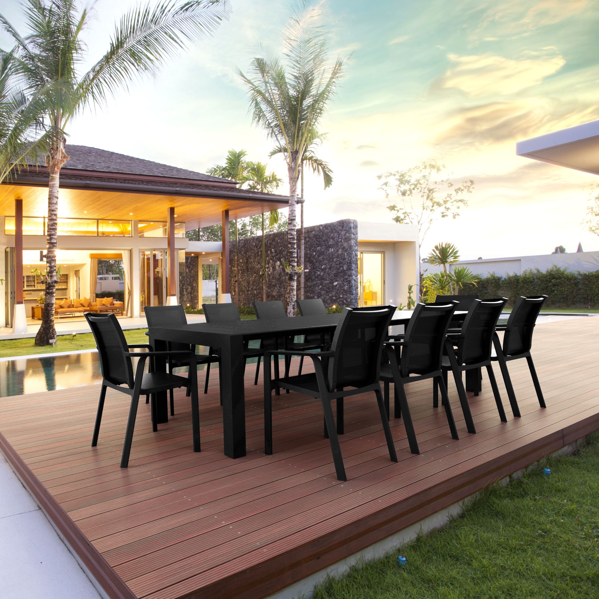 Luxury Commercial Living 11-Piece Black Patio Dining Set with Extension Table and Arm Chairs 118