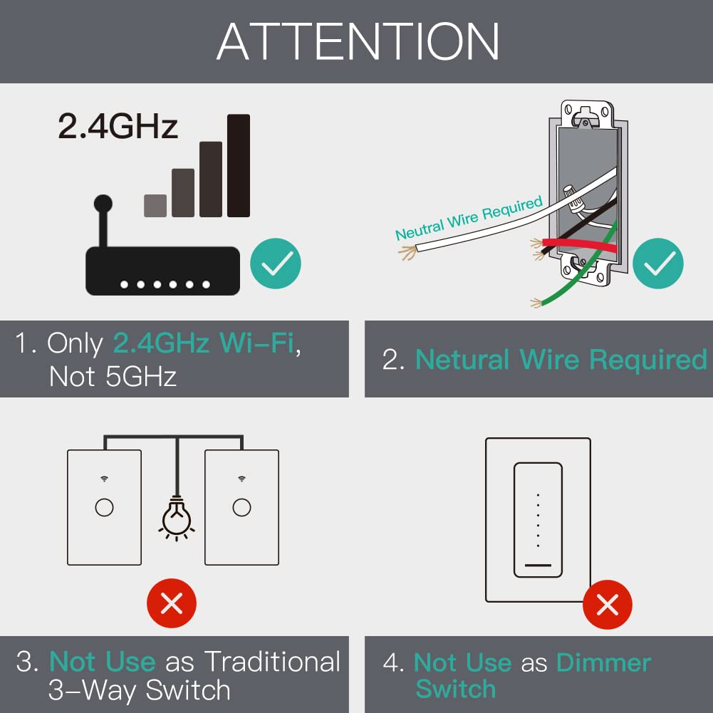 Generic MoesGo WiFi Wall Push Button Smart Light Switch,Multi-Control, 2.4GHz WiFi Light Switches, Neutral Wire Required,Remote Control