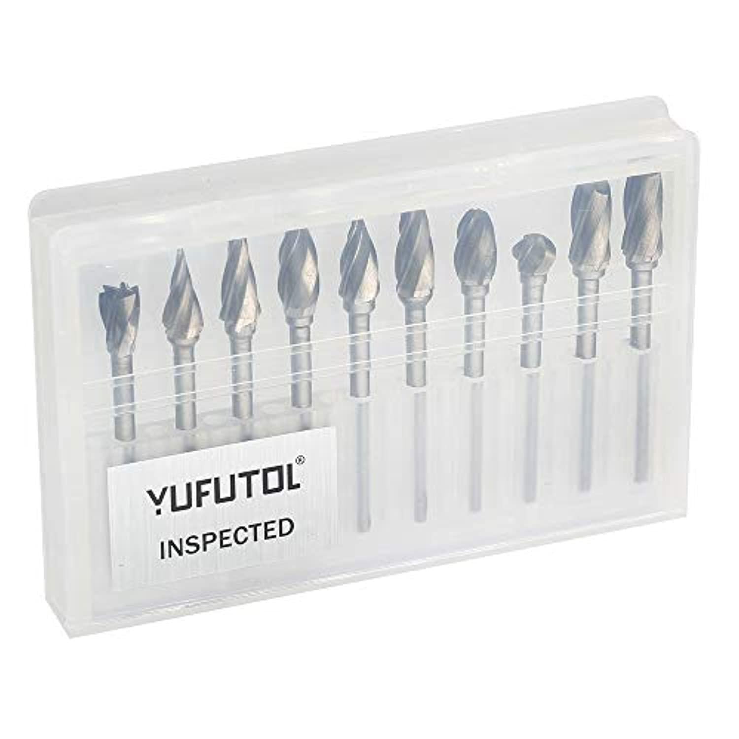 yufutol 1/8 inch carbide burr set - 10pcs aluma cut carbide rotary burrs for aluminum 3mm shank fits die grinder drill for wo