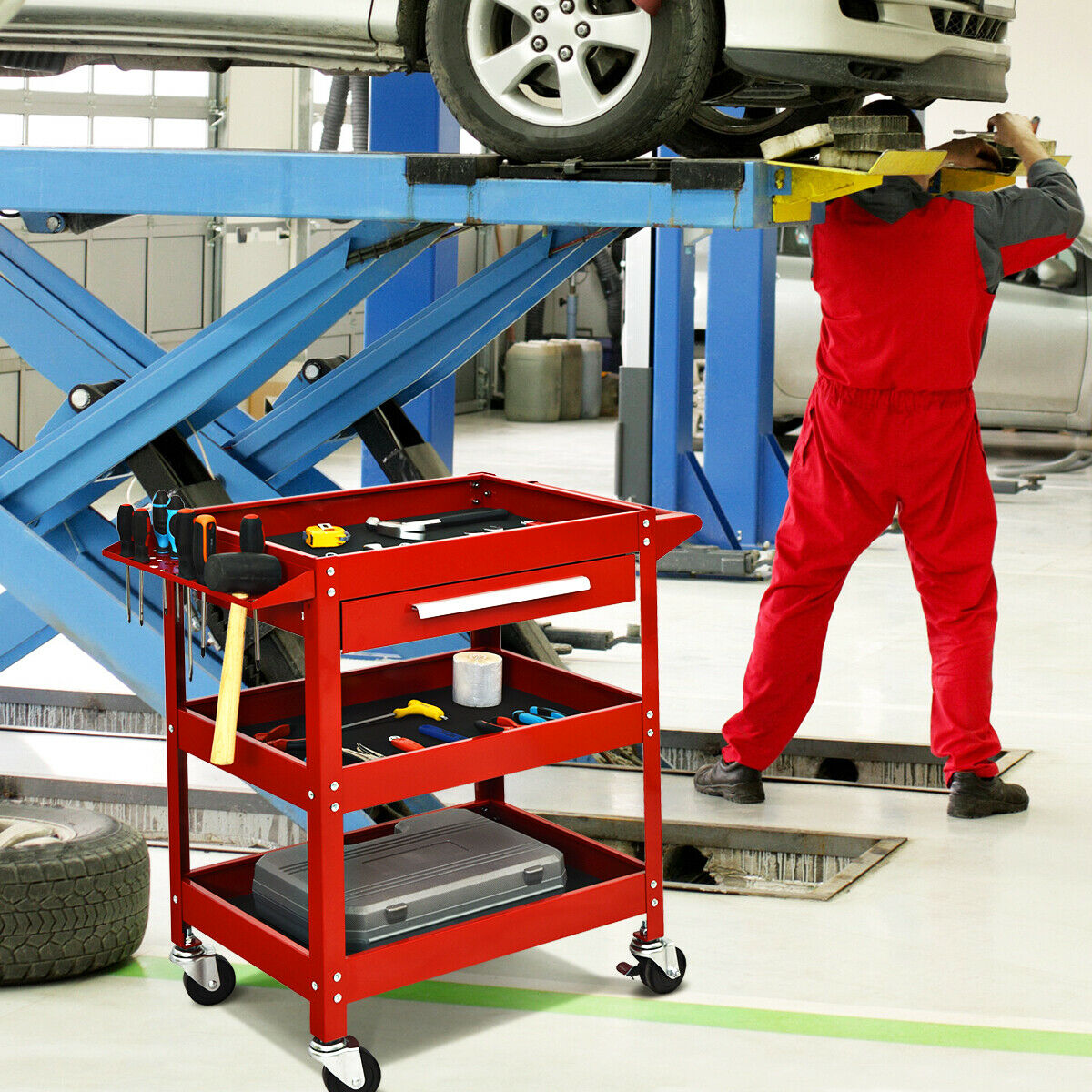 Costway Three Tray Rolling Tool Cart Mechanic Cabinet Storage ToolBox Organizer w/Drawer