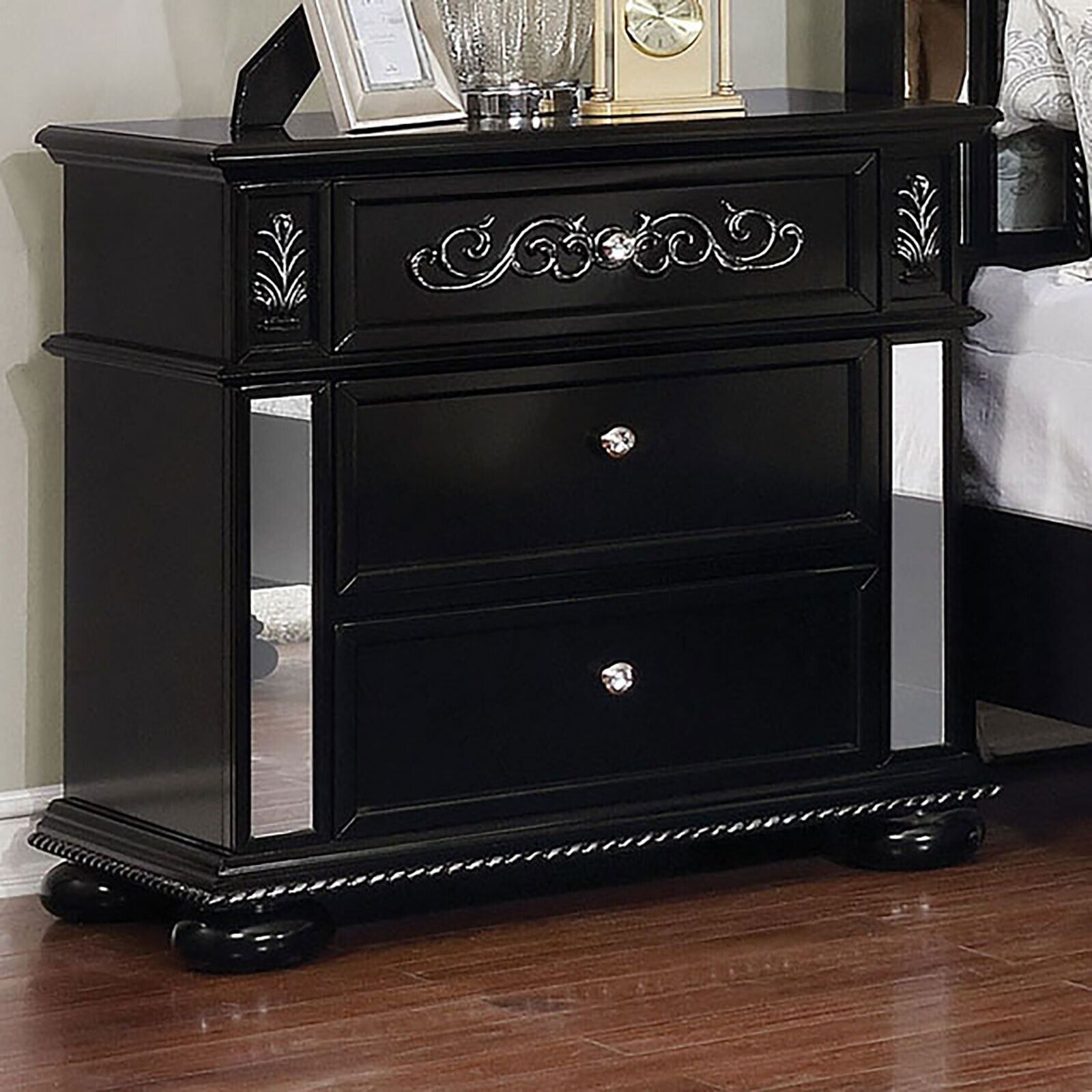 Esofastore California King Size Bed 2x Nightstands Mirror Trim Tufted Padded HB FB Posts Black Fabric 3pc Set Formal Bedroom Furniture