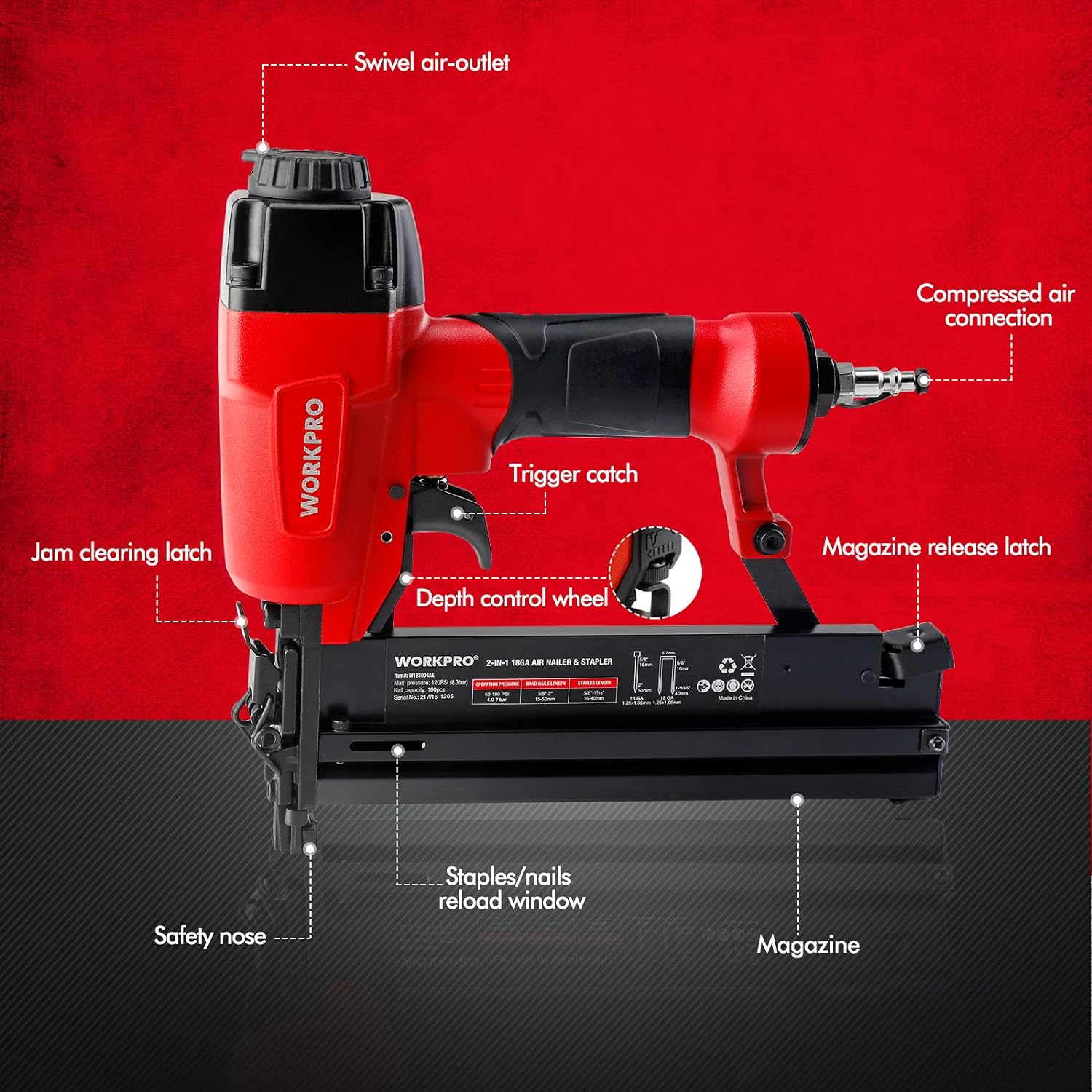 HANGZHOU GREATSTAR INDUSTRIAL  WORKPRO Pneumatic Brad Nailer, 18 GA, 2 in 1 Nail Gun and Crown Stapler, with 400pcs Nails/ 300pcs Staples, for Carpentry, DIY