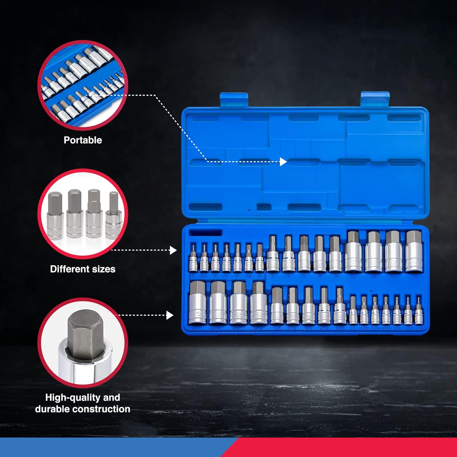 GCP Products Allen Hex Bit Socket Set, 32 Piece Sae And Metric Allen Socket Set, Allen Head Hex Key Socket Set Made With S2 Steel