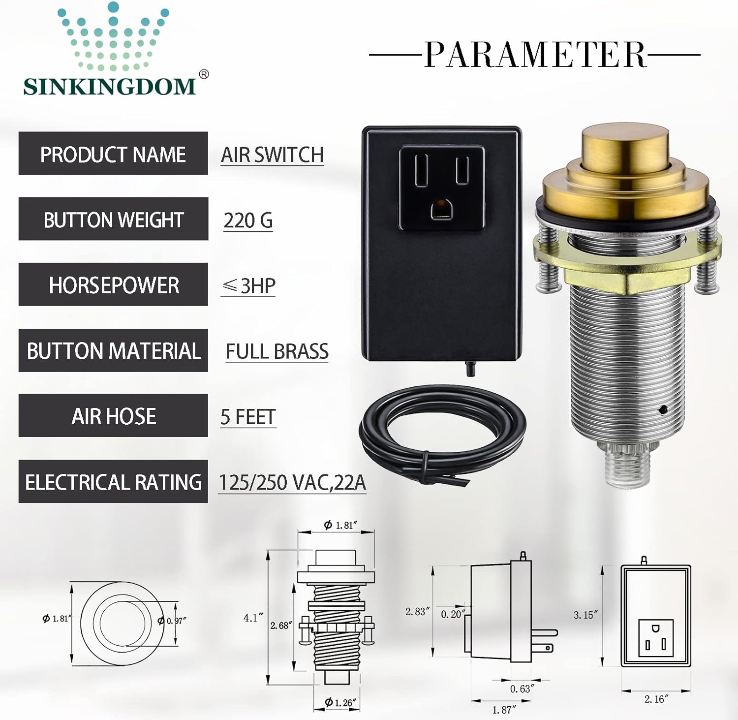 SINKINGDOM SinkTop Air Switch Kit with Brass Gold Long Button (Full Brass) for Garbage Disposal,without cabel