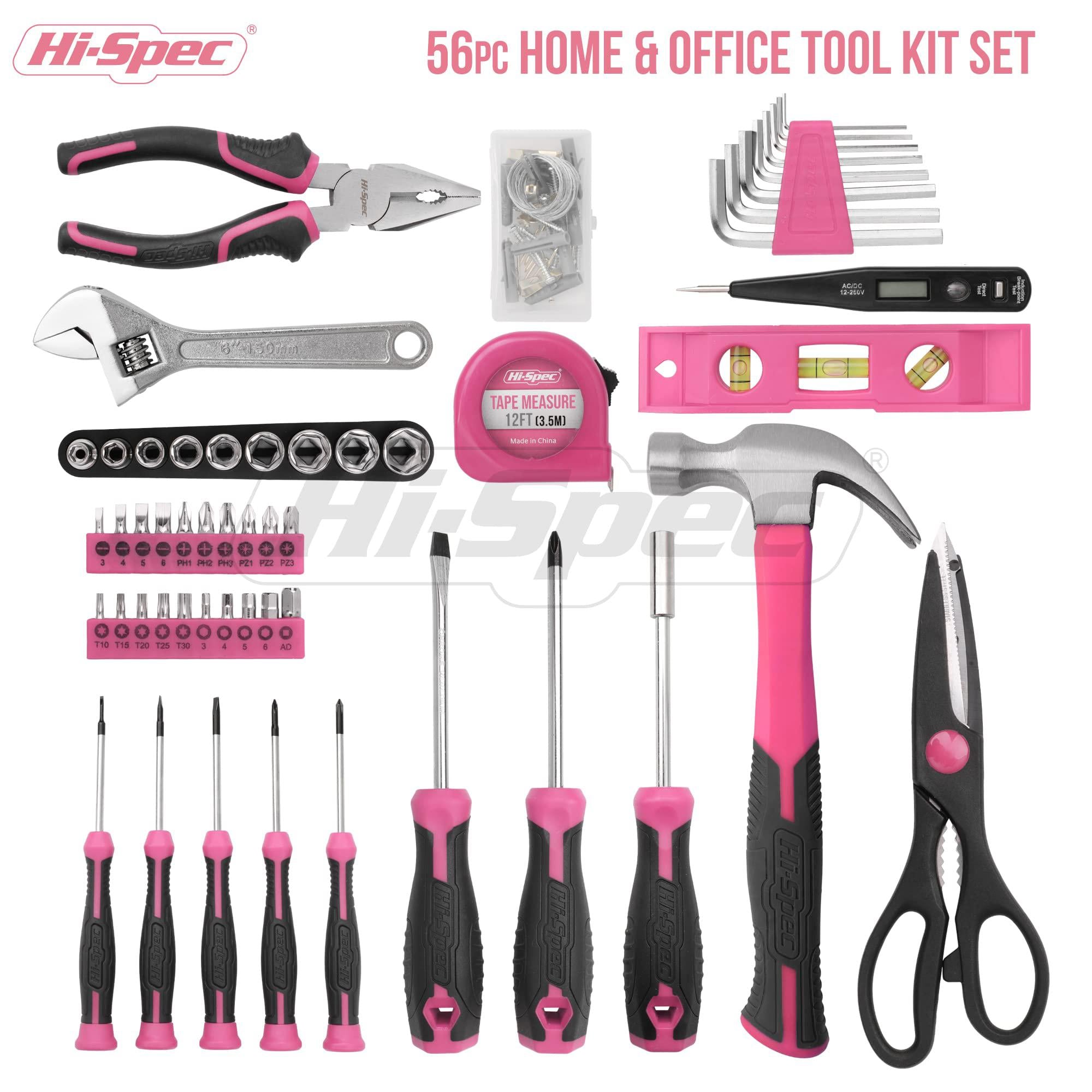 hi-spec 54pc pink home diy tool kit for women, office &a; garage. complete ladies basic house tool box set