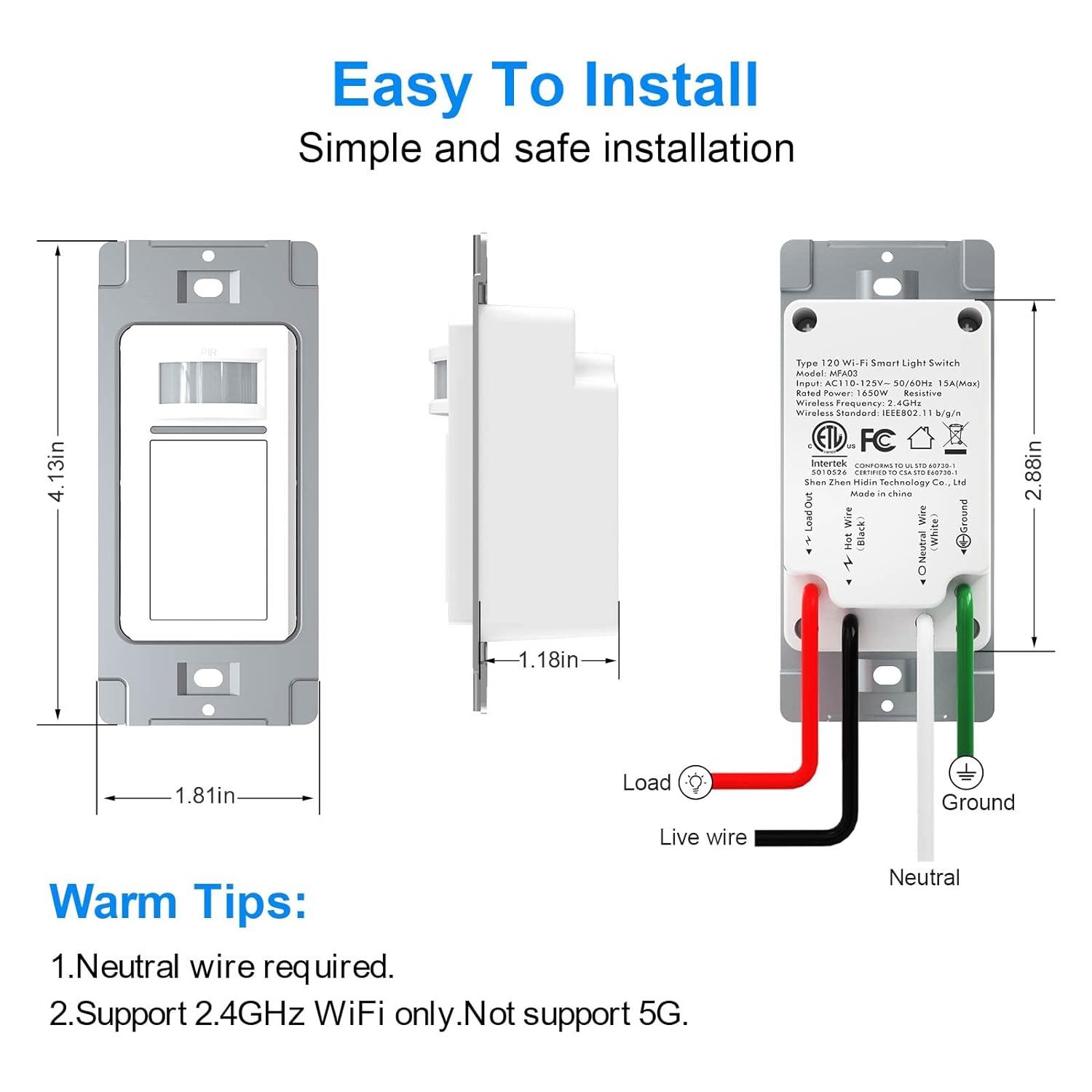 Generic Smart Motion Sensor Light Switch Compatible with Alexa and Google Assistant, Milfra PIR Occupancy Sensor Switch Single Pole 2.4