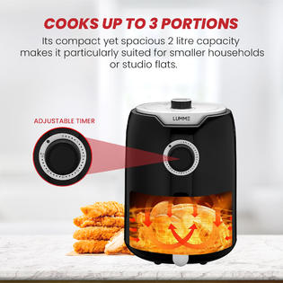 Lumme Air Fryer Digital 2L Adjustable Timer Air Fryer Oven w/ Space Saving Flat Basket, Healthy Oil-Free Airfryer &a; Auto Shutoff