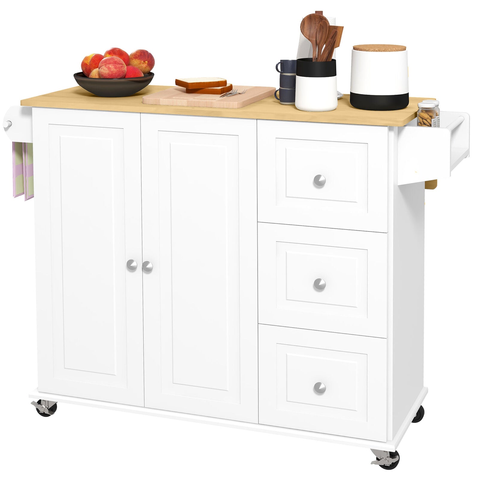 GCP Products Kitchen Island On Wheels, Kitchen Cart With Drop Leaf, 3 Drawers